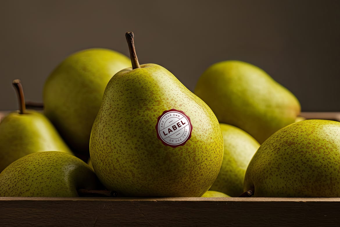 Sticker Logo Stamp on Pear Fruit Mockups