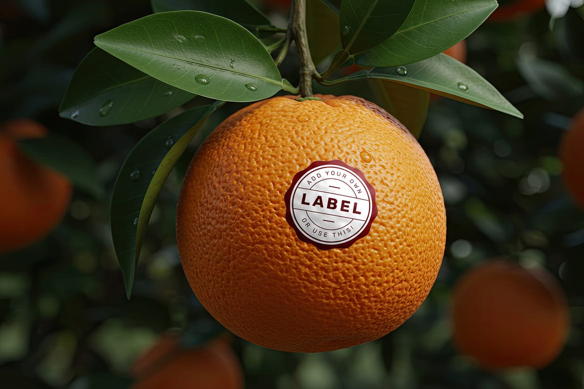 Sticker Logo Stamp on Orange Fruit Mockup