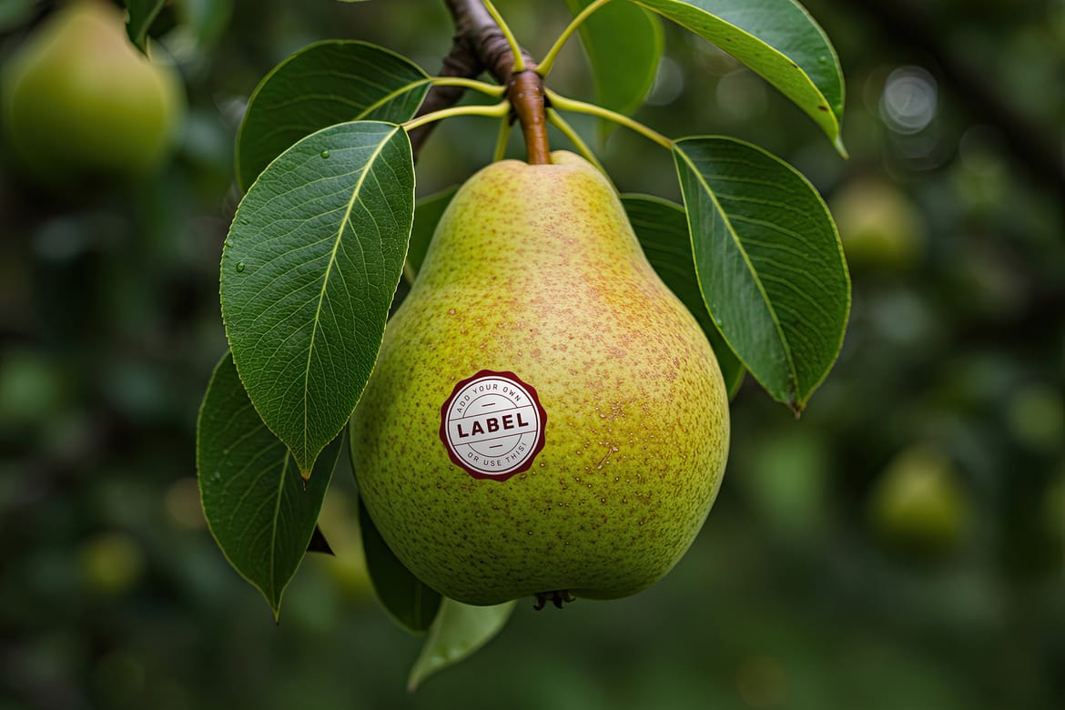 Sticker Logo Stamp on Pear Fruit Mockups