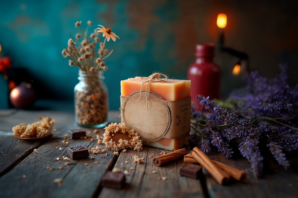 Artisan Soap Mockup With Chocolate Cinnamon Lavender On A Rustic Wood Table