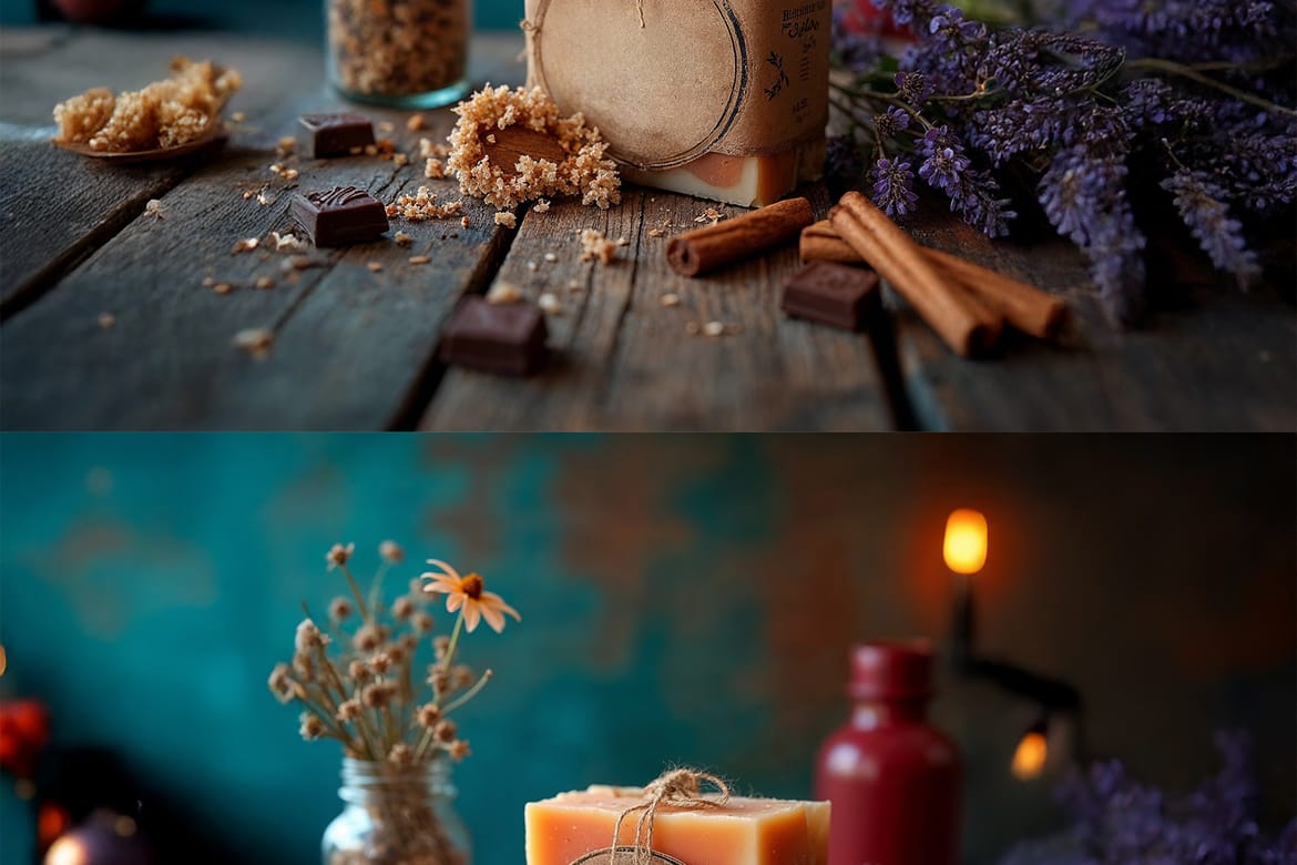 Artisan Soap Mockup With Chocolate Cinnamon Lavender On A Rustic Wood Table