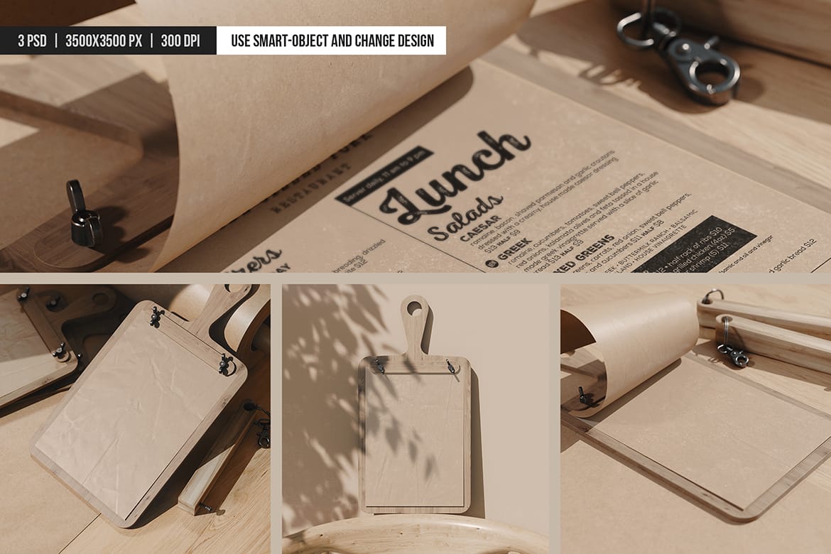 Kraft Paper Menu on Cutting Board Mockup
