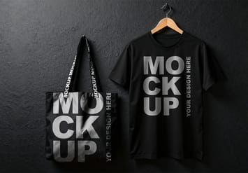 Professional Black T-Shirt and Tote Bag Mockup Hanging from a Wooden Hanger Against a Black Wall