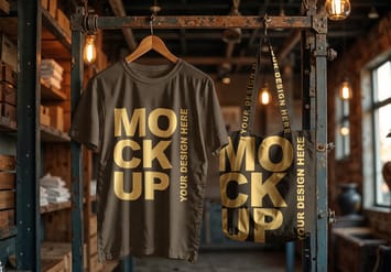 Mockup of White T-shirt and Tote Bag Hanging in an Industrial Vintage Style Streetwear Store