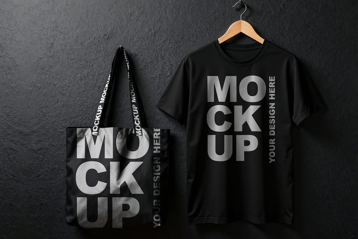 Professional Black T-Shirt and Tote Bag Mockup Hanging from a Wooden Hanger Against a Black Wall
