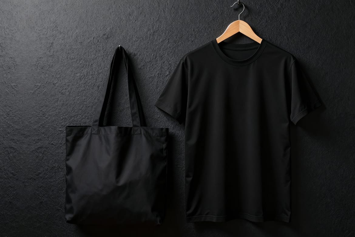 Professional Black T-Shirt and Tote Bag Mockup Hanging from a Wooden Hanger Against a Black Wall