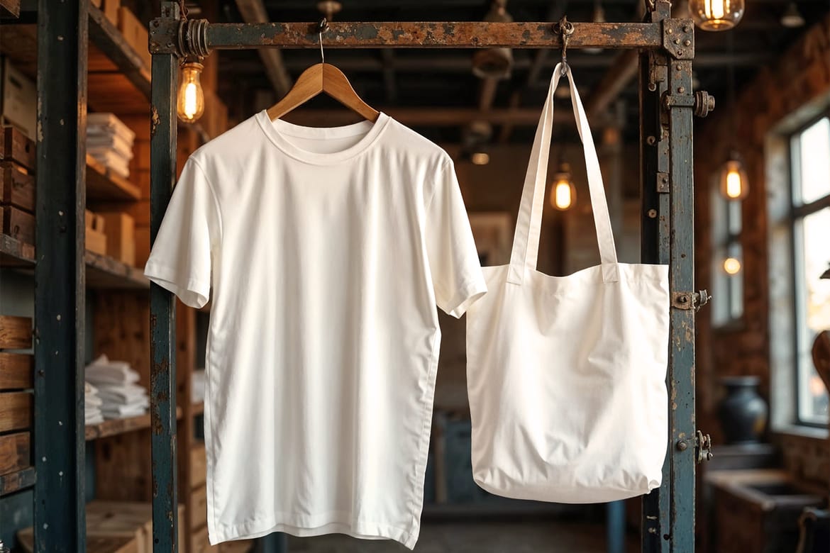 Mockup of White T-shirt and Tote Bag Hanging in an Industrial Vintage Style Streetwear Store