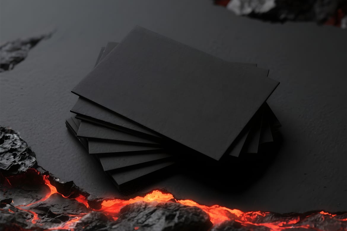 Dramatic Fanned Business Card Mockup in Lava Crevice