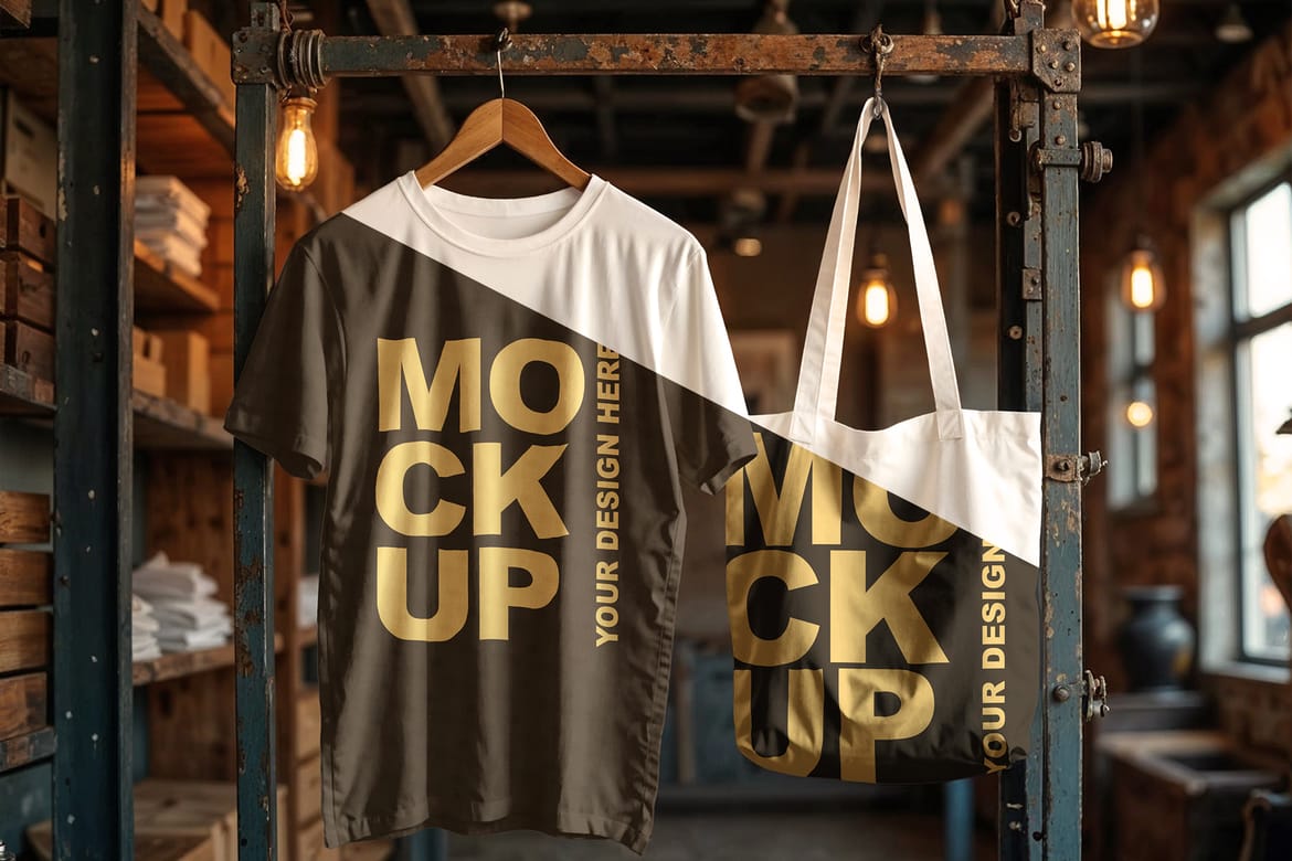 Mockup of White T-shirt and Tote Bag Hanging in an Industrial Vintage Style Streetwear Store