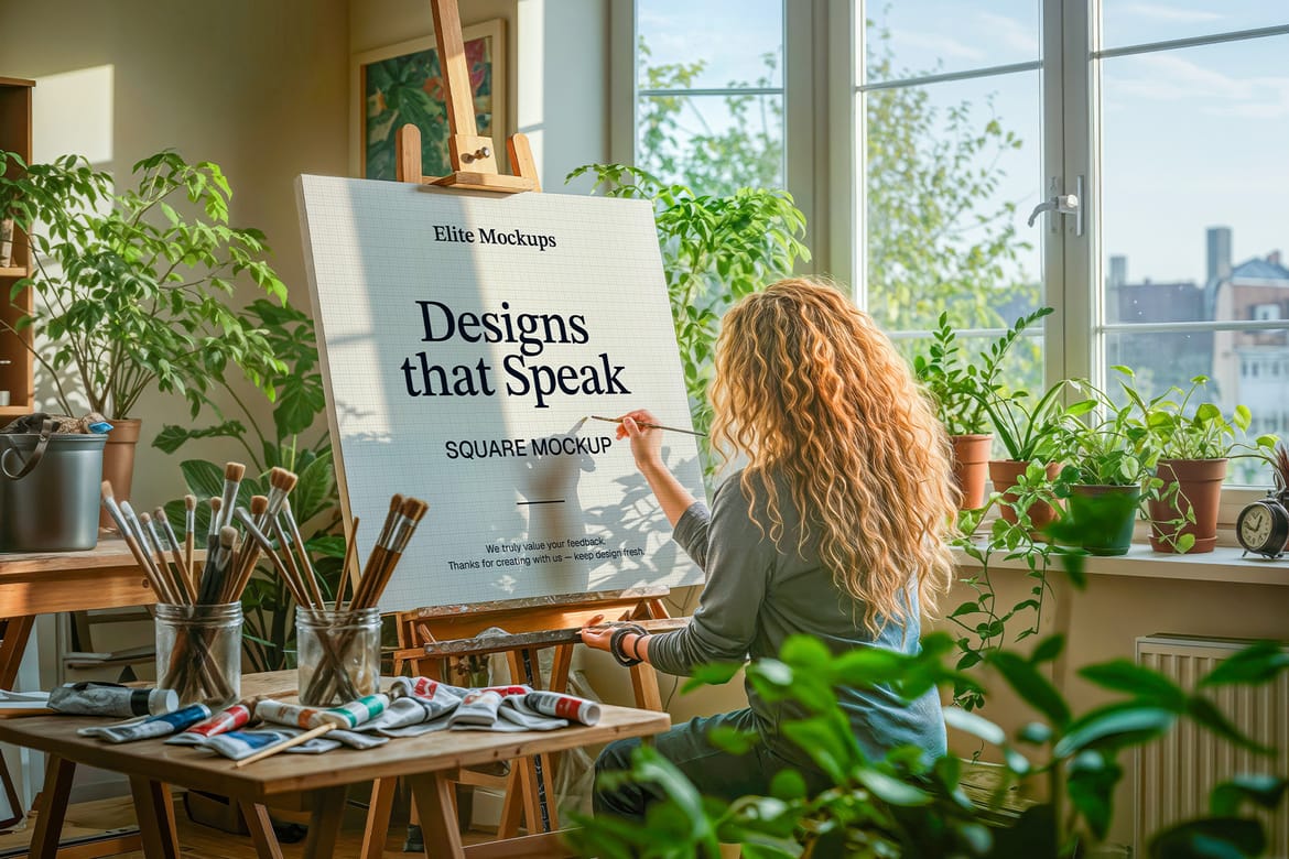 Square Frame Mockup – Bright Artistic Studio Scene