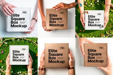 Square Box Packaging Mockup – Hands Collection (PSD)
