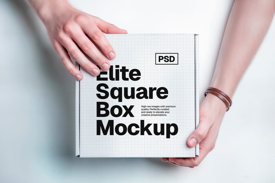 Square Box Packaging Mockup – Hands Collection (PSD)
