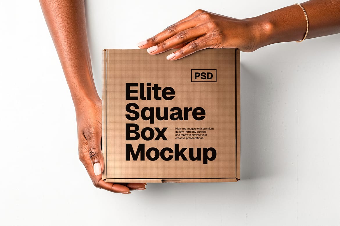 Square Box Packaging Mockup – Hands Collection (PSD)