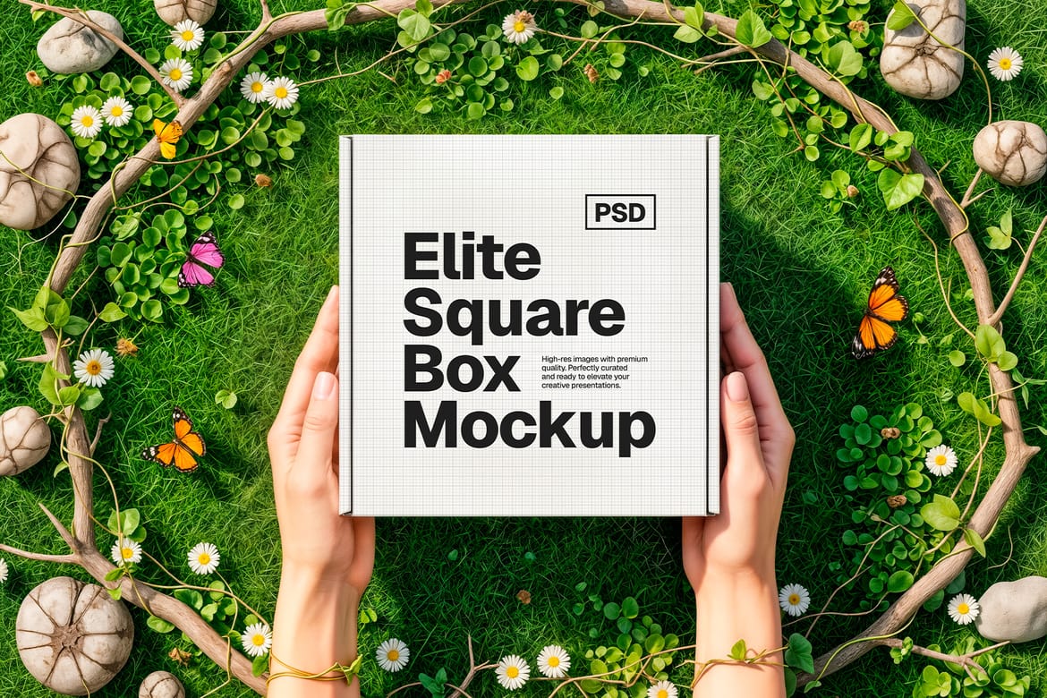 Square Box Packaging Mockup – Hands Collection (PSD)