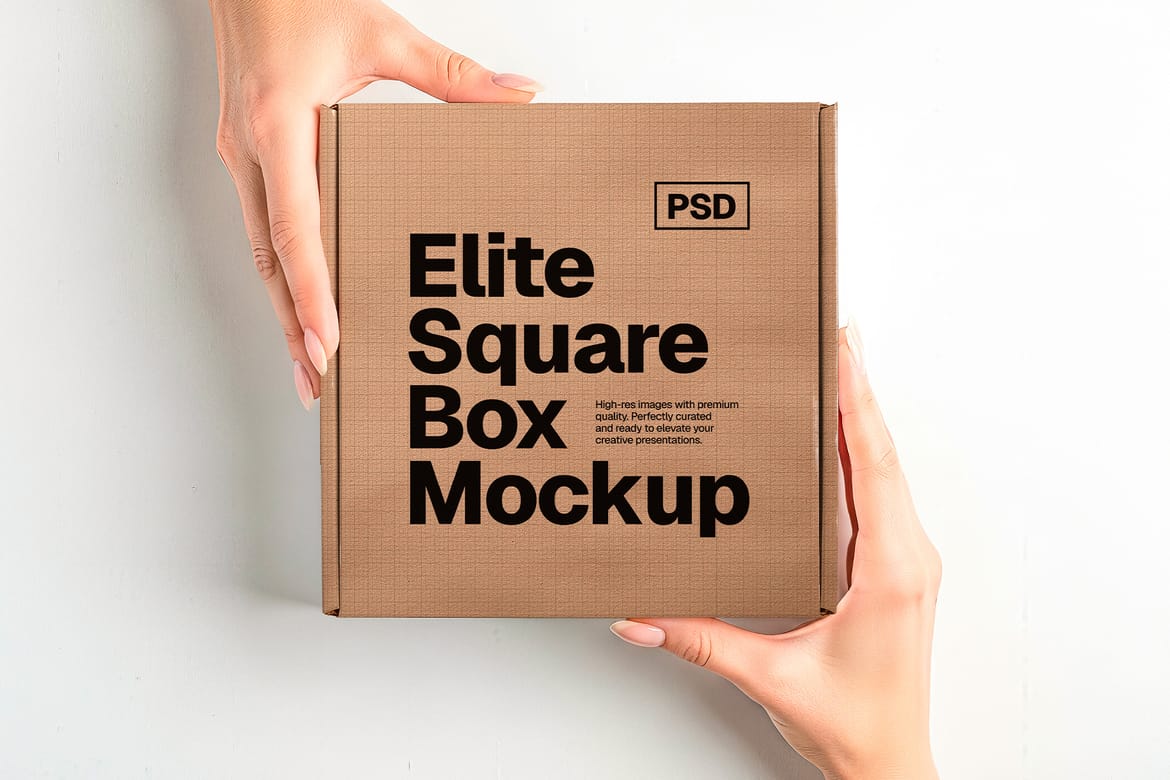 Square Box Packaging Mockup – Hands Collection (PSD)