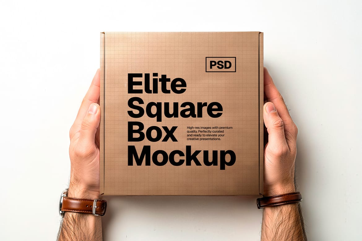 Square Box Packaging Mockup – Hands Collection (PSD)