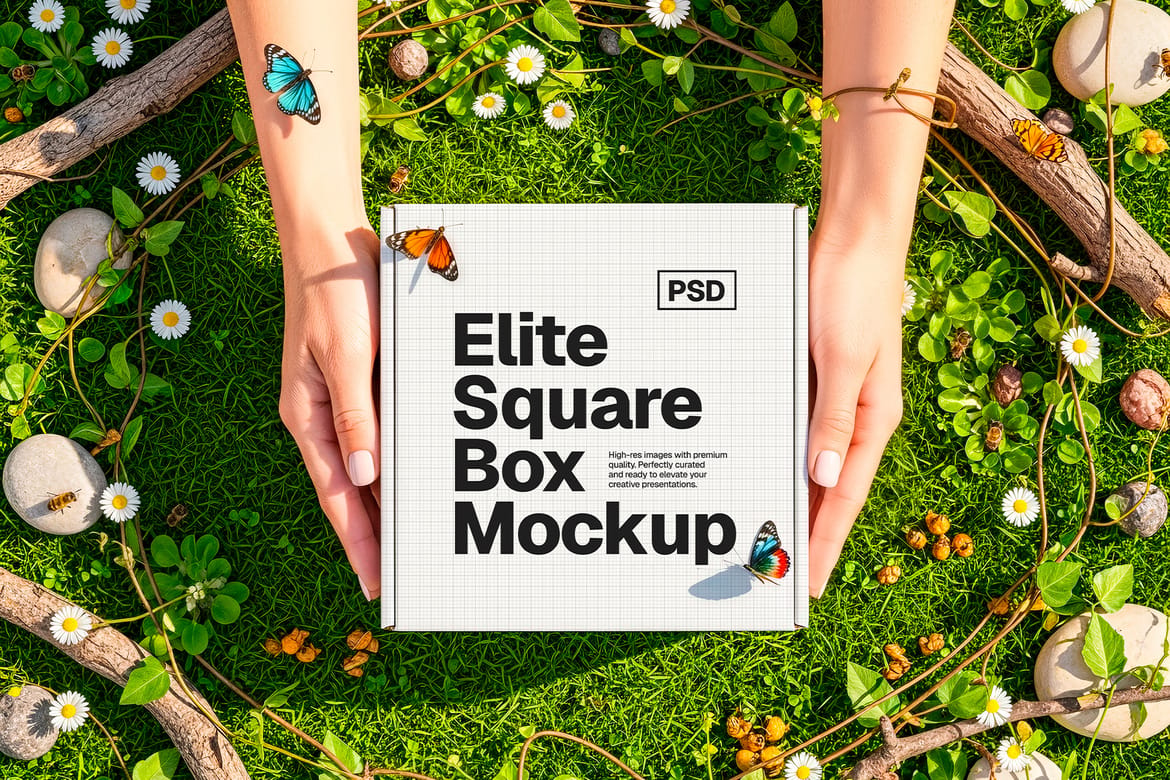 Square Box Packaging Mockup – Hands Collection (PSD)