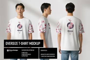 5 Oversized T-Shirt mockups on Asian Man. Vol.01. Generated AI  