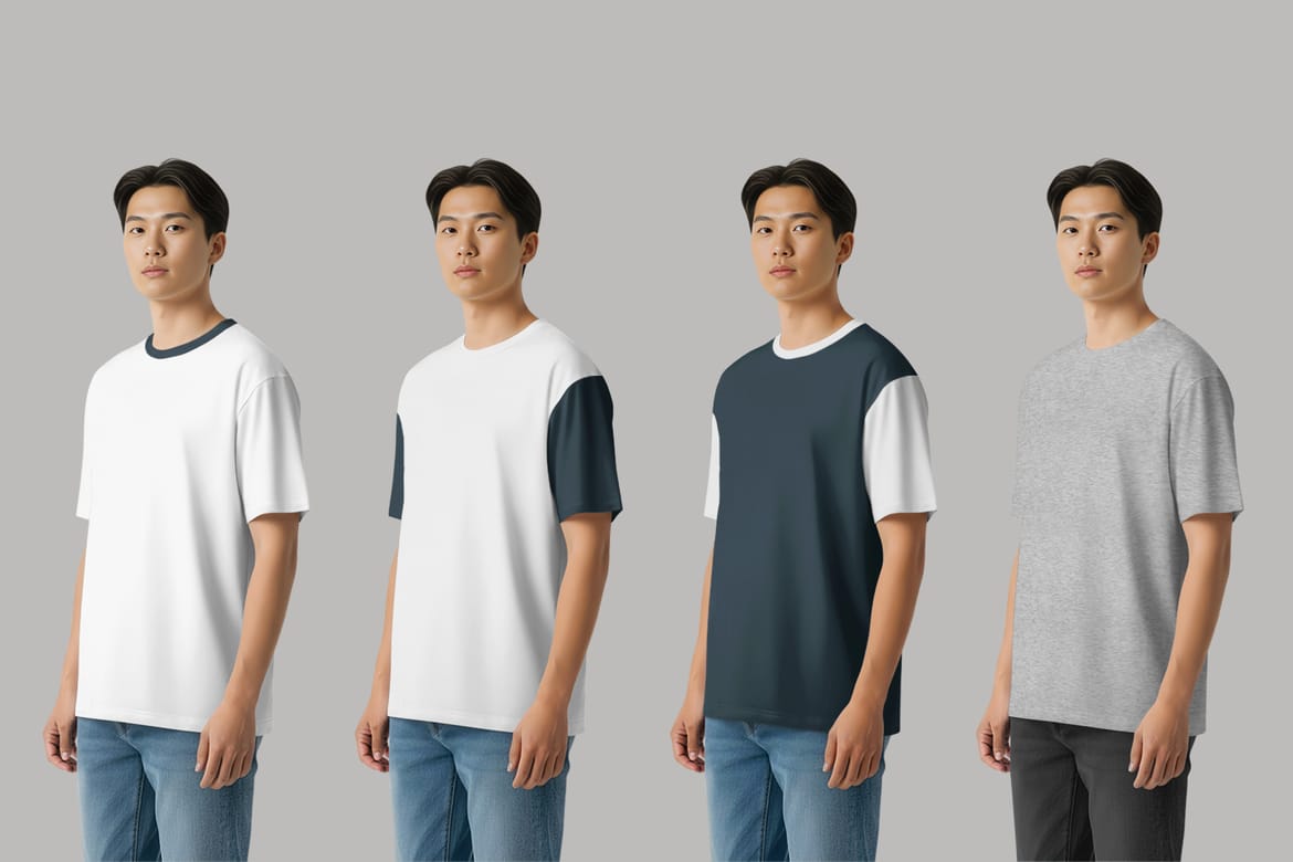 5 Oversized T-Shirt mockups on Asian Man. Vol.01. Generated AI  