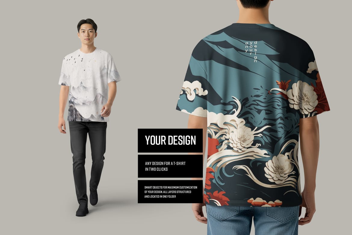 5 Oversized T-Shirt mockups on Asian Man. Vol.01. Generated AI  