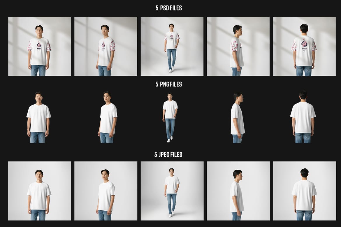 5 Oversized T-Shirt mockups on Asian Man. Vol.01. Generated AI  