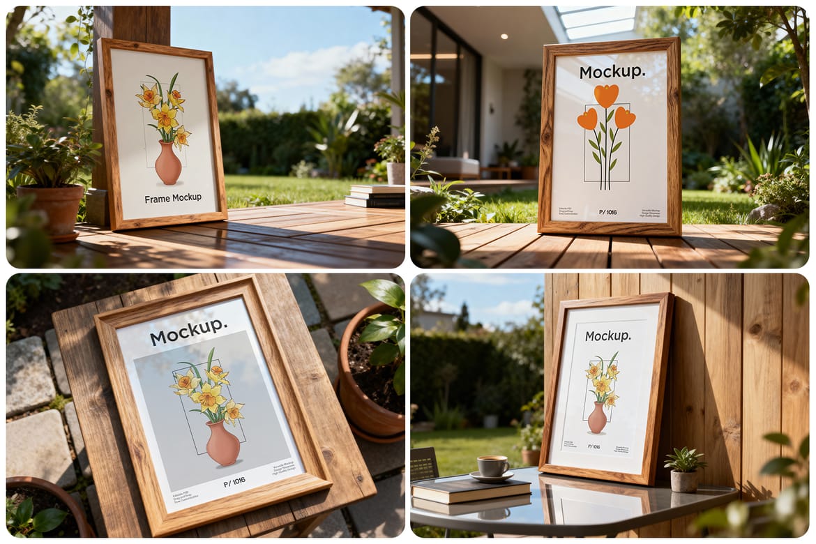 Realistic Wooden Poster Frame Mockup