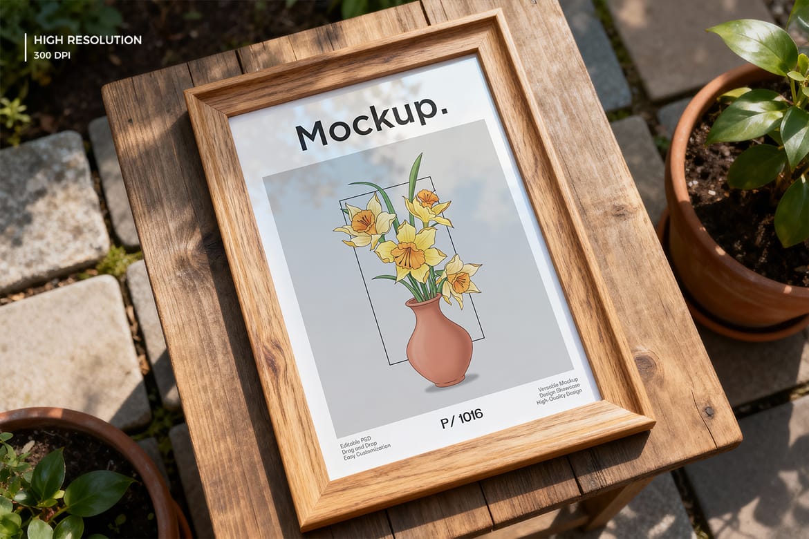 Realistic Wooden Poster Frame Mockup
