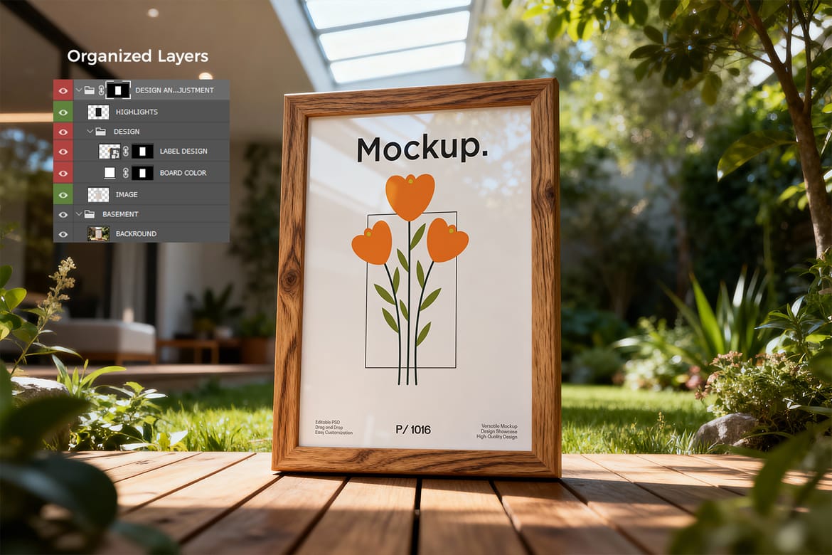 Realistic Wooden Poster Frame Mockup