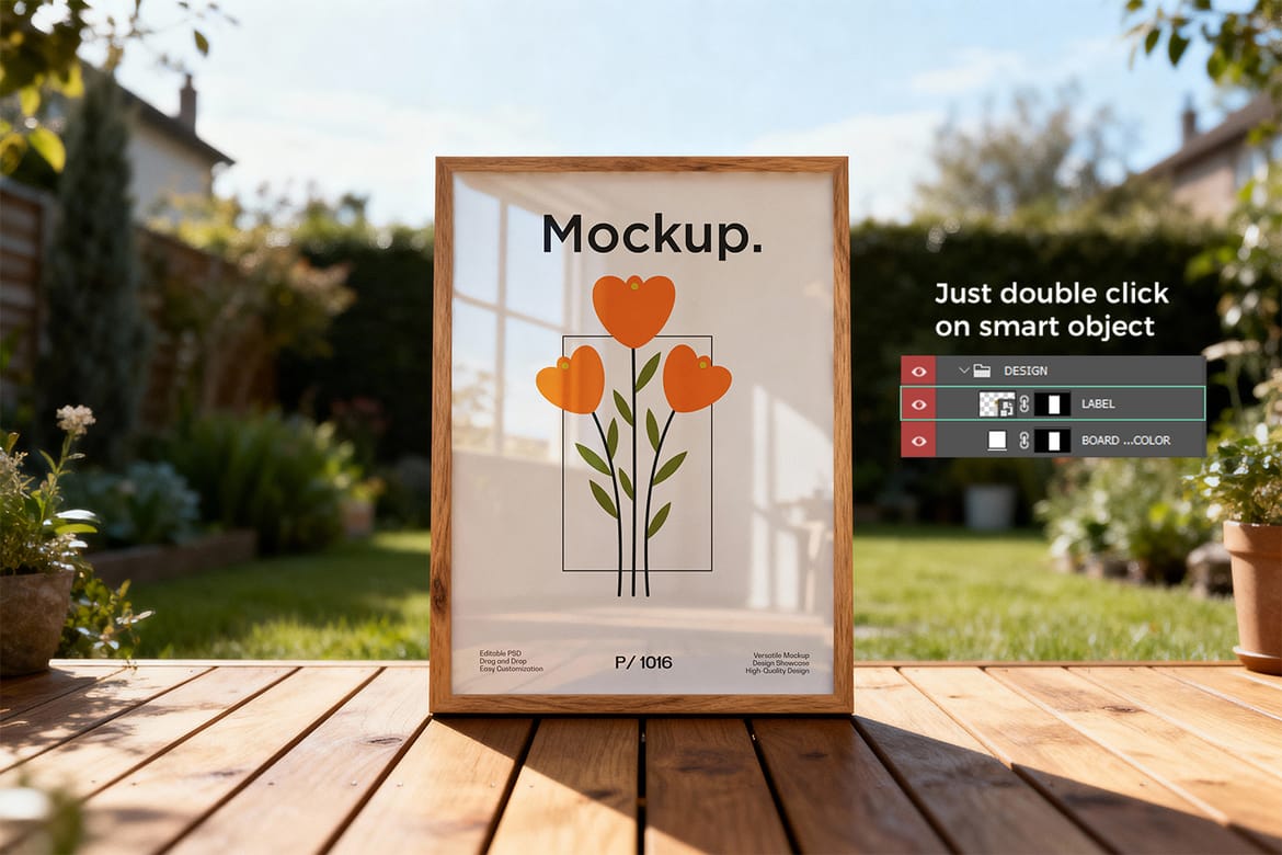 Realistic Wooden Poster Frame Mockup