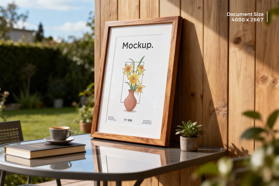 Realistic Wooden Poster Frame Mockup