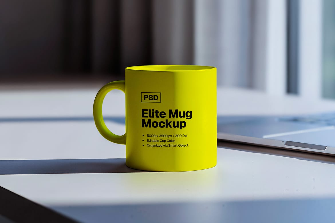 Elite Mug Mockup — Realistic Desk Scene PSD