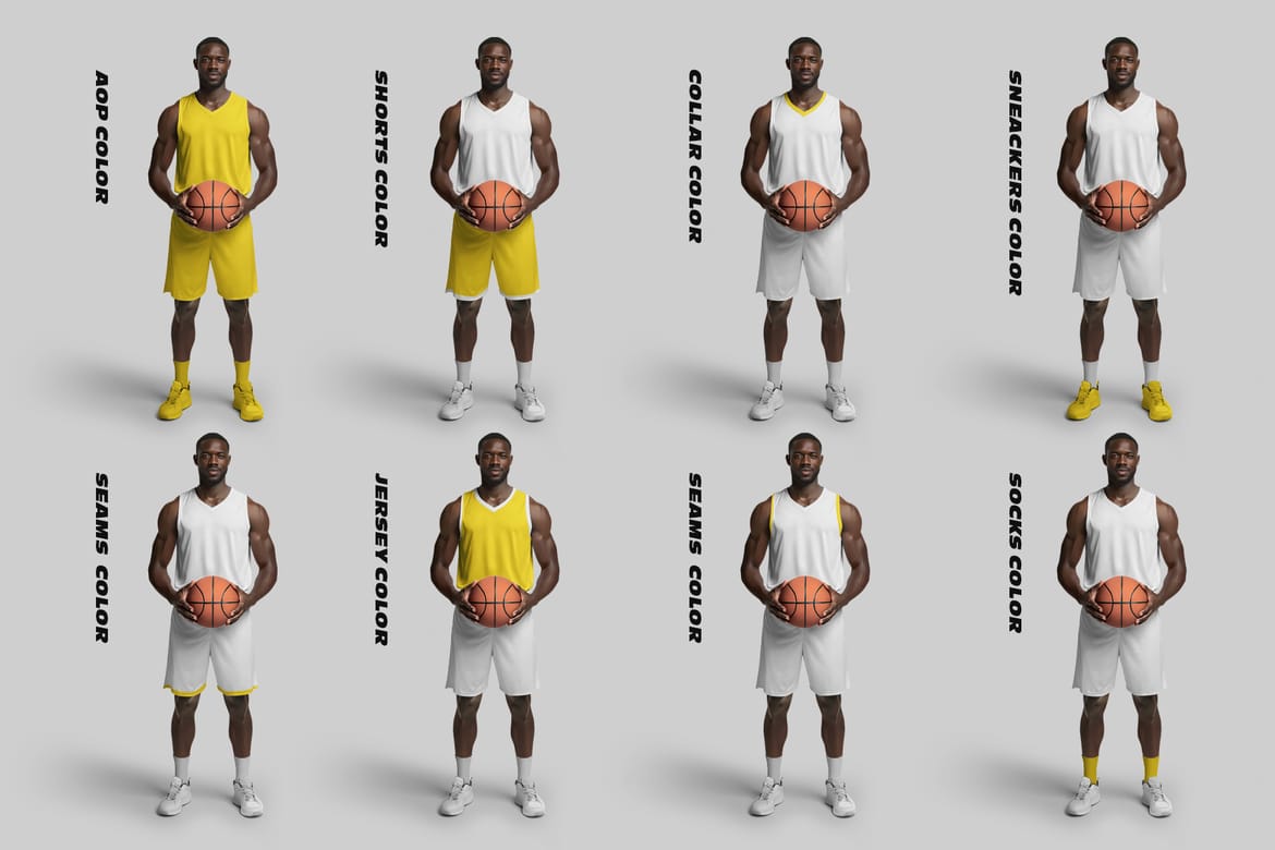  6 Basketball Jersey Mockups on a Dark-Skinned Model. Generated AI