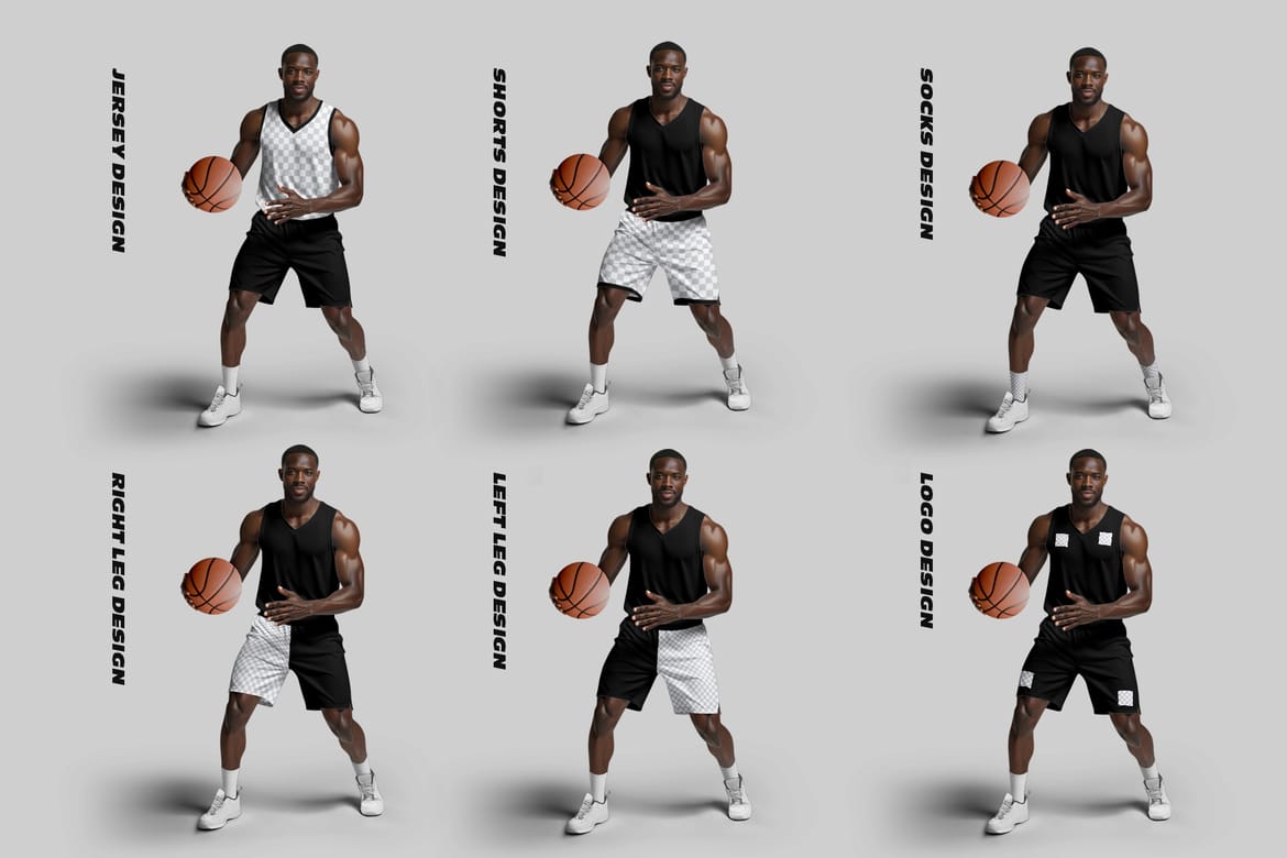  6 Basketball Jersey Mockups on a Dark-Skinned Model. Generated AI