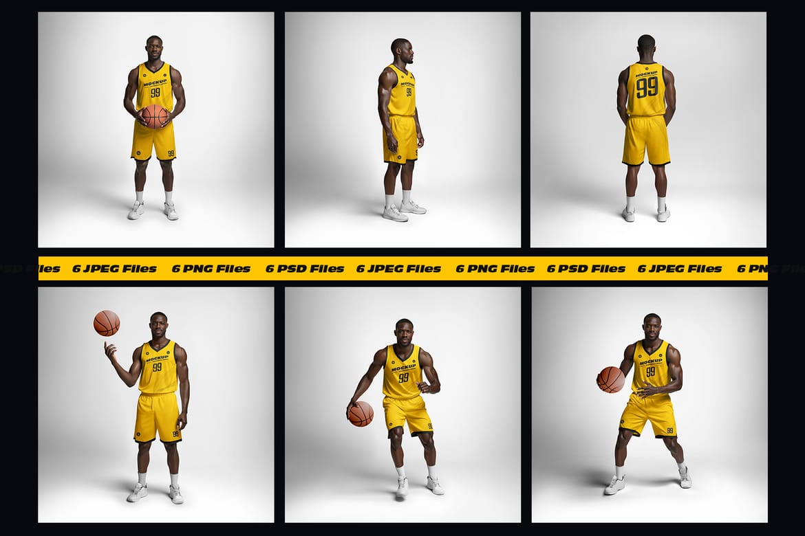  6 Basketball Jersey Mockups on a Dark-Skinned Model. Generated AI