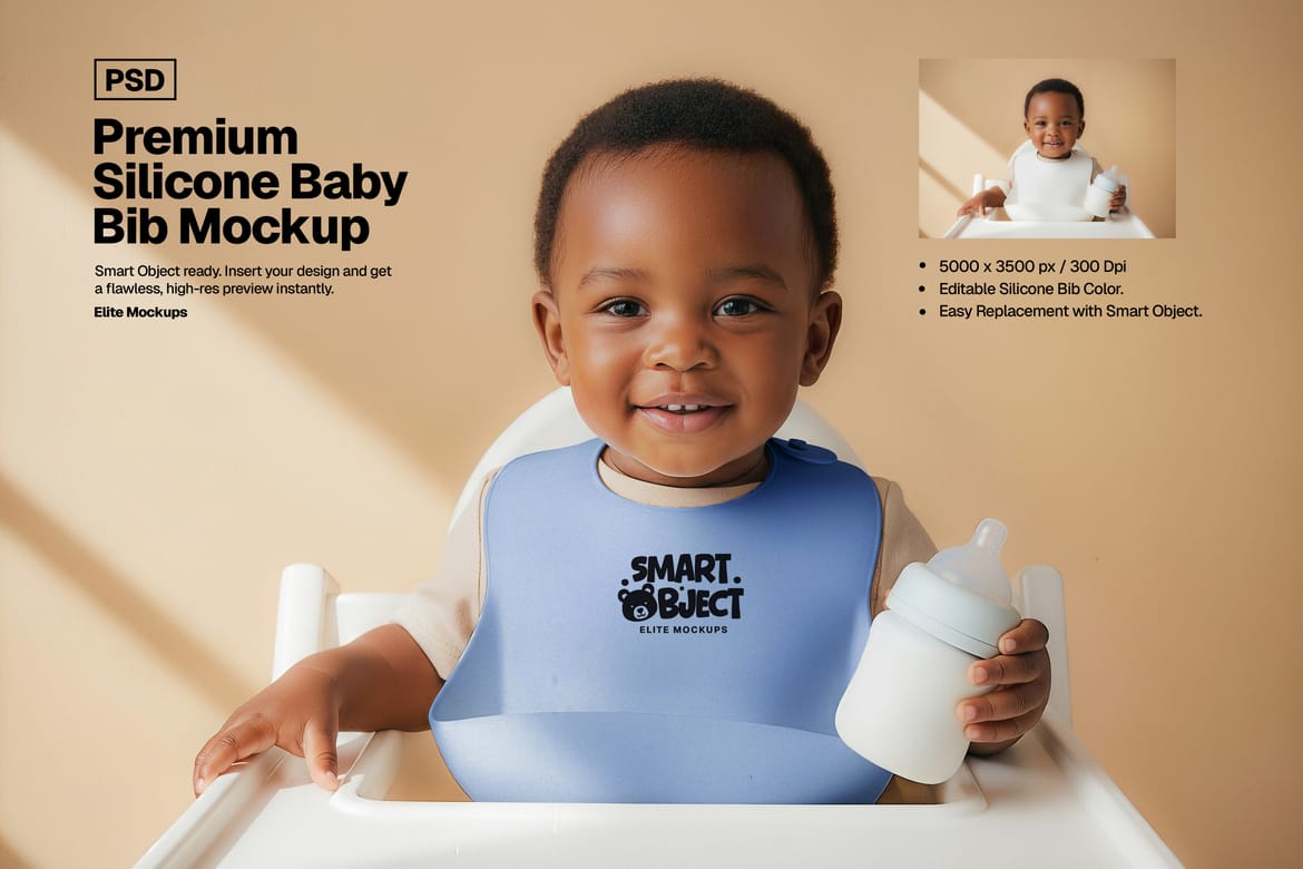 Premium Silicone Baby Bib Mockup Bundle – 5 Photorealistic PSDs