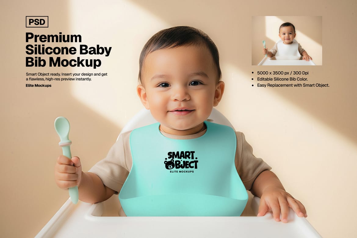 Premium Silicone Baby Bib Mockup Bundle – 5 Photorealistic PSDs