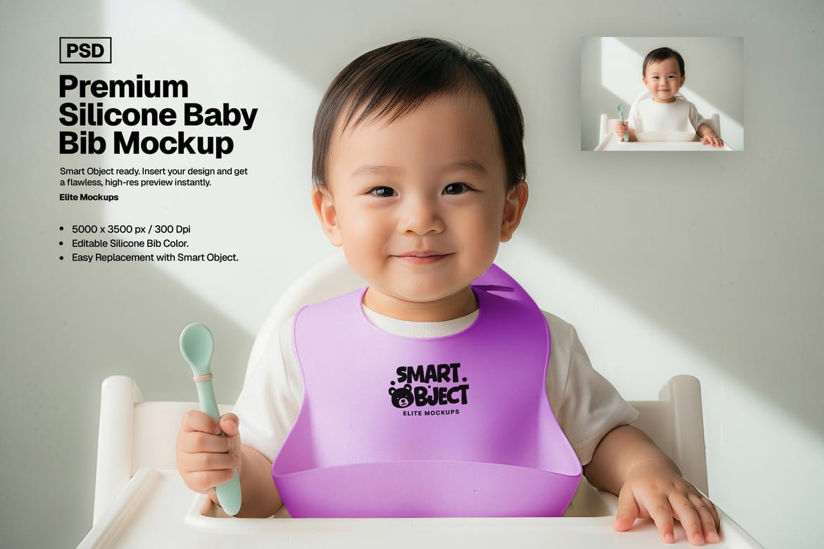 Premium Silicone Baby Bib Mockup Bundle – 5 Photorealistic PSDs