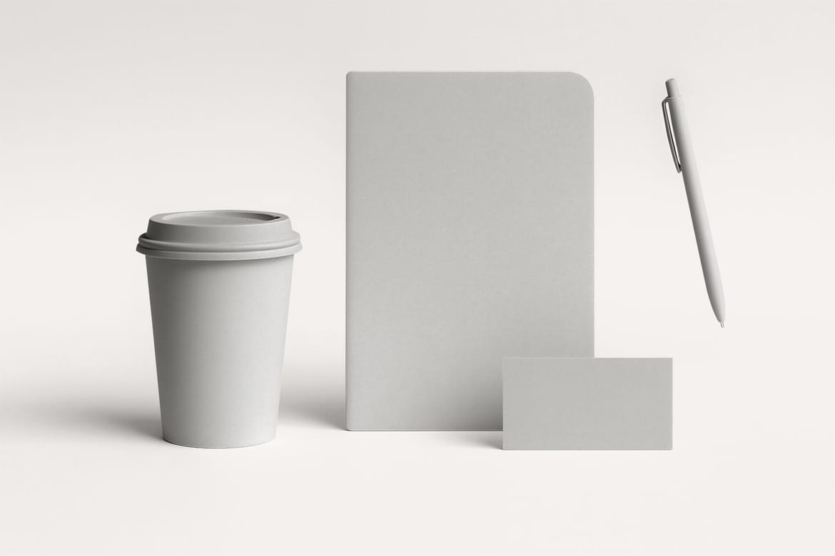 Branding Stationery Mockup – Notebook, Coffee Cup, Pen & Business Card Scene