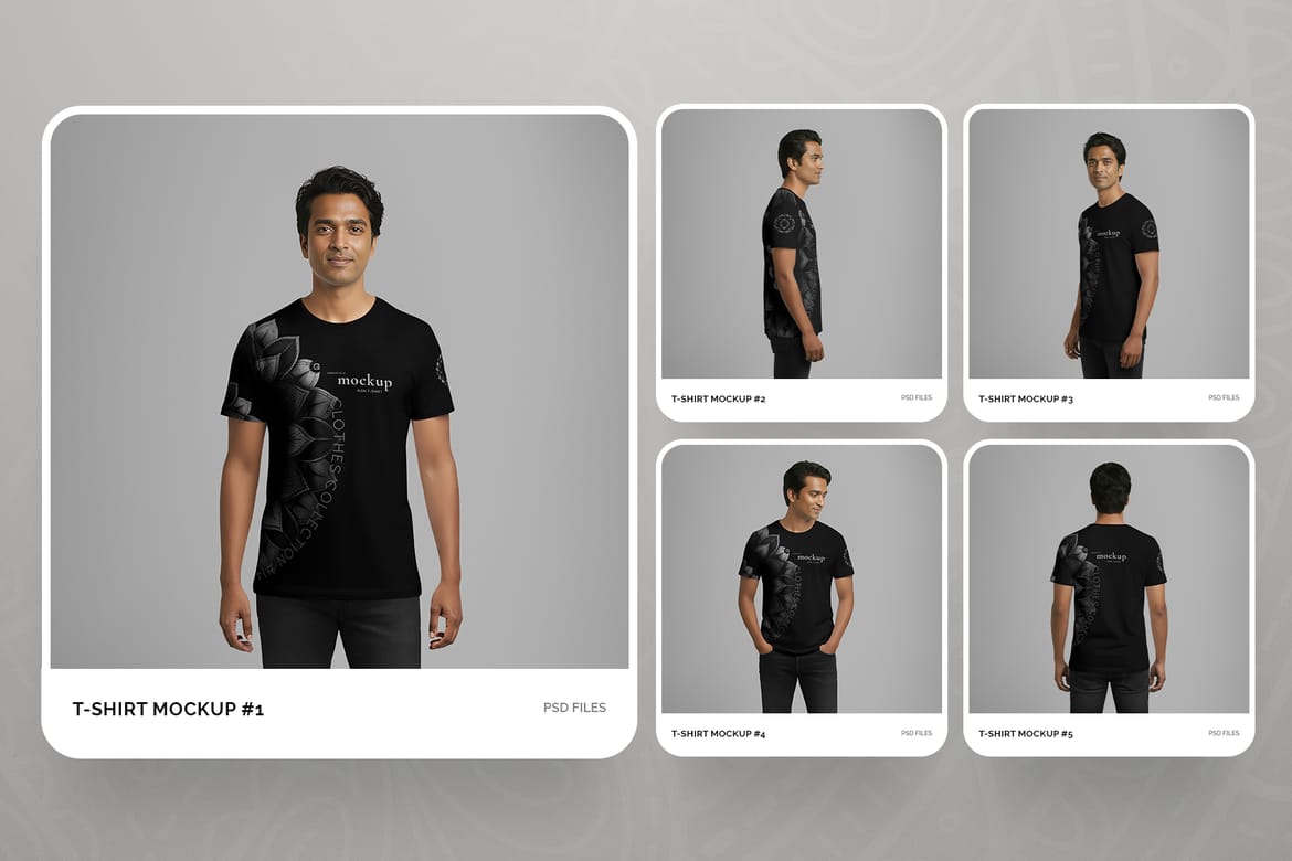  5 T-Shirt Mockups on Indian Man. Vol.01. Generated AI