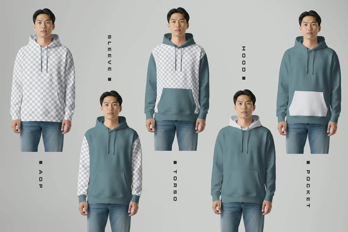 3 Oversized Hoodie Mockups on Asian Man. Vol.01. Generated AI