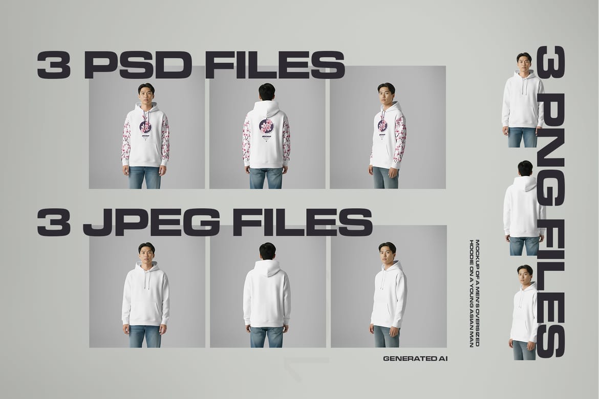 3 Oversized Hoodie Mockups on Asian Man. Vol.01. Generated AI