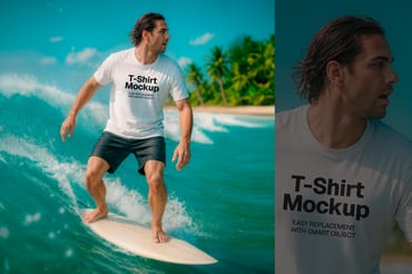 Surfer T-Shirt Mockup on Tropical Ocean Wave