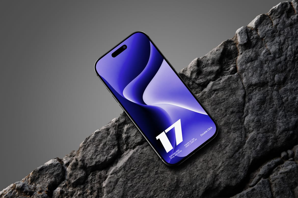 Dark Theme iPhone 17 Pro Mockup on Stone