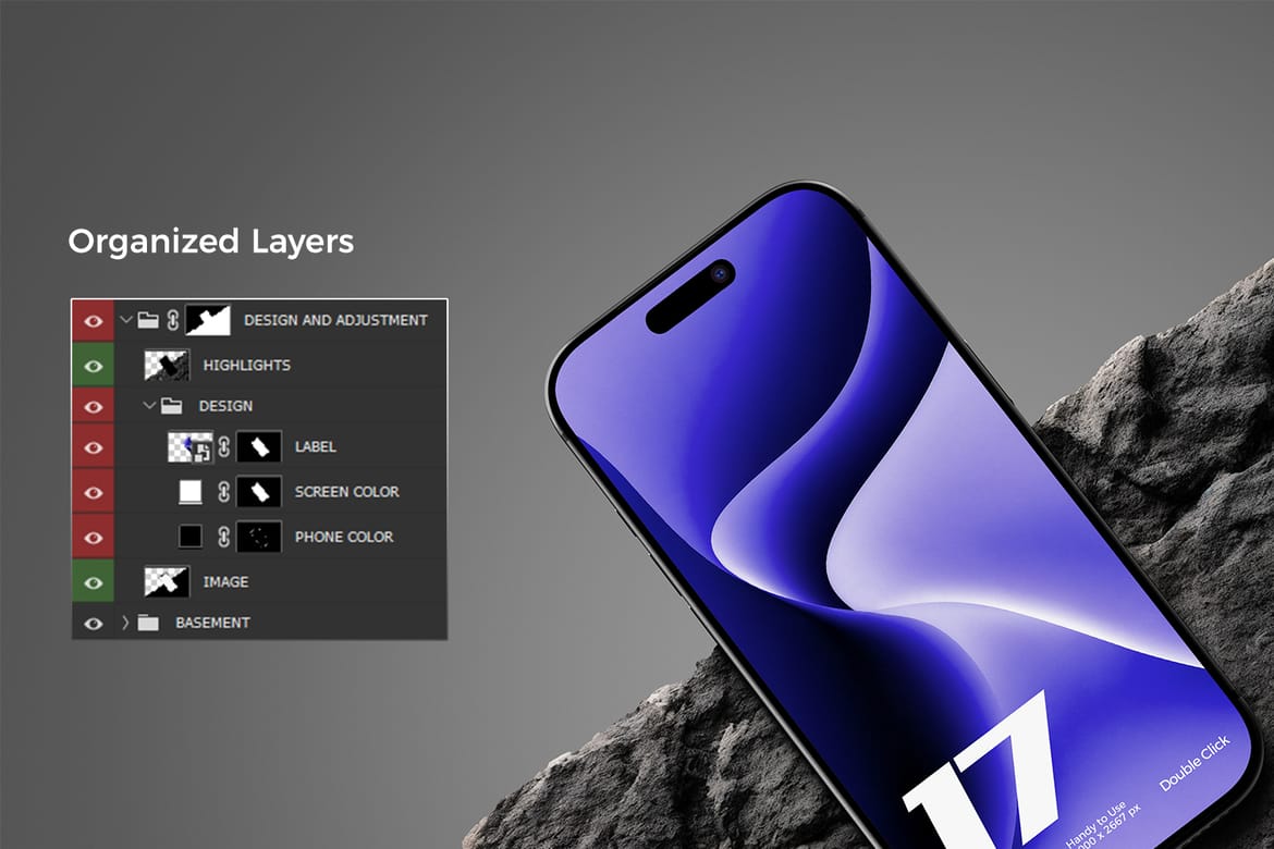 Dark Theme iPhone 17 Pro Mockup on Stone