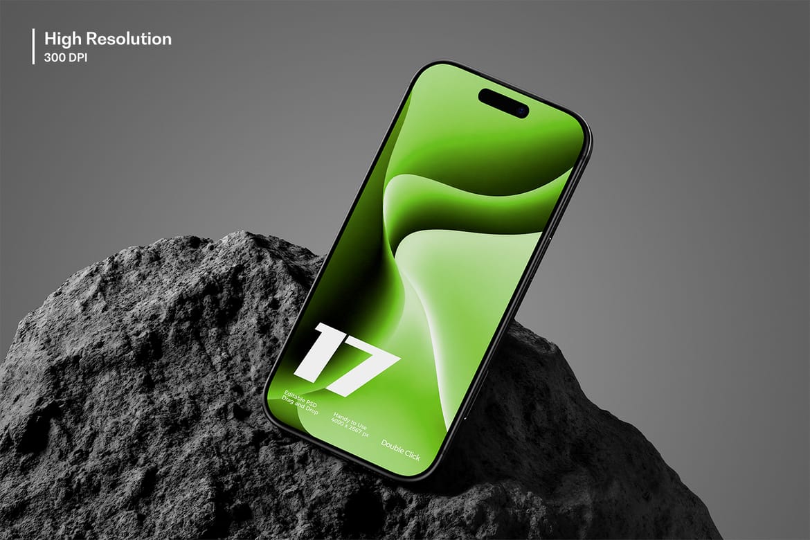 Dark Theme iPhone 17 Pro Mockup on Stone