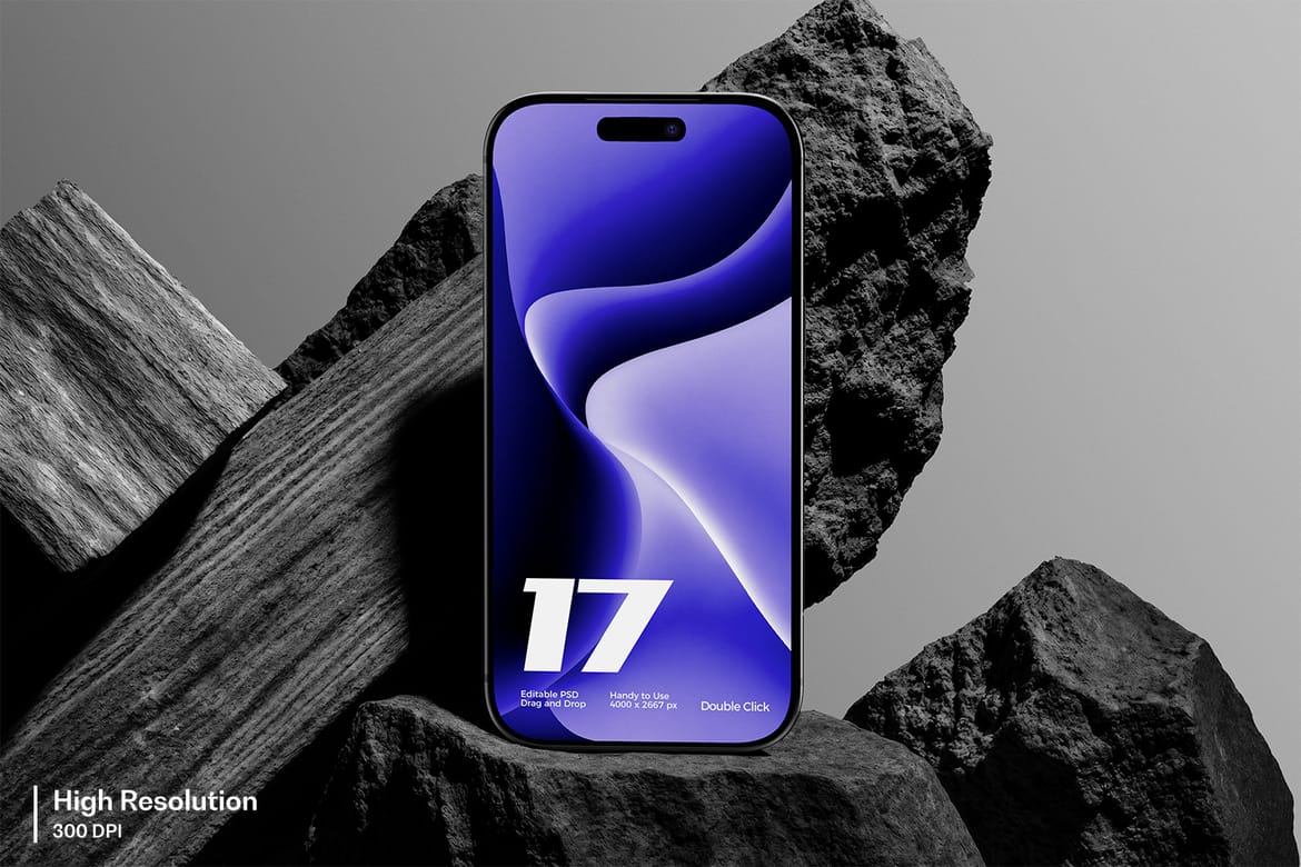 Dark Theme iPhone 17 Pro Mockup on Stone