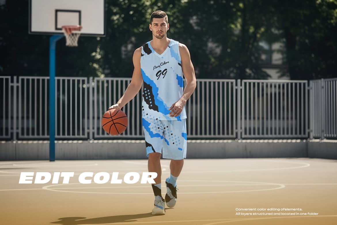  5 Basketball Uniform Mockups on a European Male on an Outdoor Court