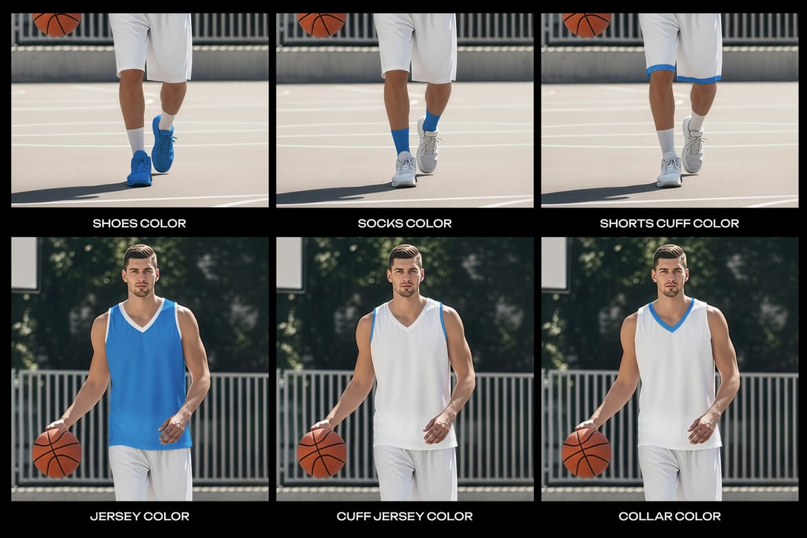  5 Basketball Uniform Mockups on a European Male on an Outdoor Court