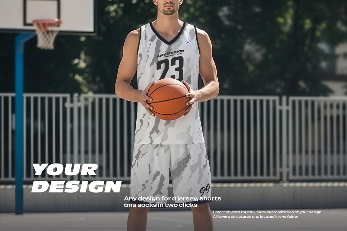  5 Basketball Uniform Mockups on a European Male on an Outdoor Court