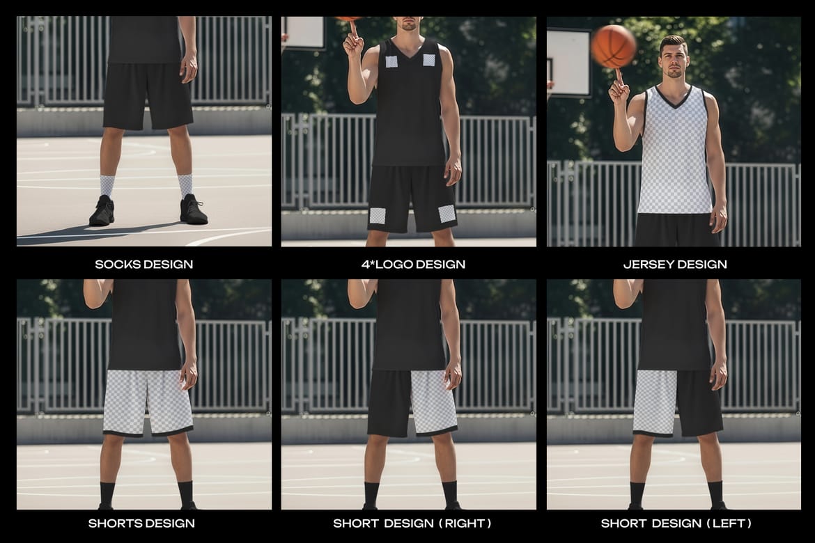  5 Basketball Uniform Mockups on a European Male on an Outdoor Court